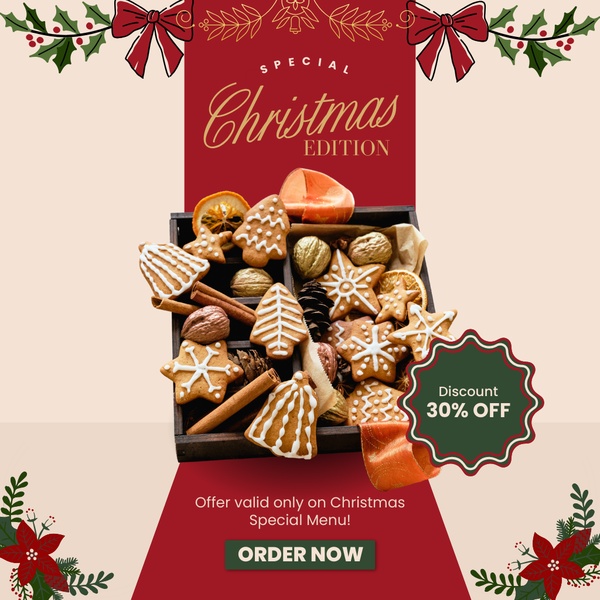 A high-conversion seasonal ad creative featuring a wooden box filled with artisan gingerbread and holiday cookies, emphasizing a 30% discount offer.