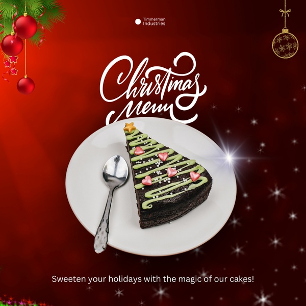 A festive product showcase featuring a slice of chocolate cake decorated like a Christmas tree, set against a deep red background with holiday ornaments.