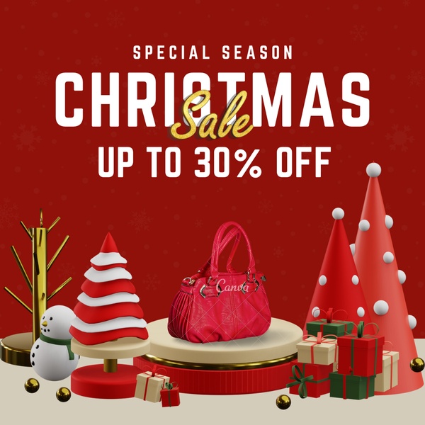 A festive seasonal advertisement showcasing a handbag on a decorated pedestal during a Christmas sale event.