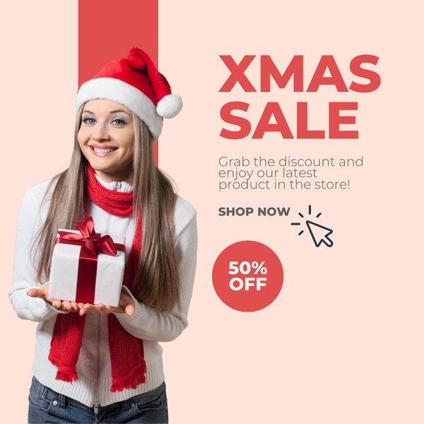 A festive advertisement featuring a model holding a gift box, highlighting a 50% discount for an end-of-year sale.