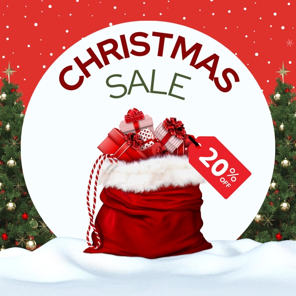 A festive 1:1 square graphic featuring a red Santa gift bag full of presents, set in a snowy forest scene with a clear 20% discount offer.