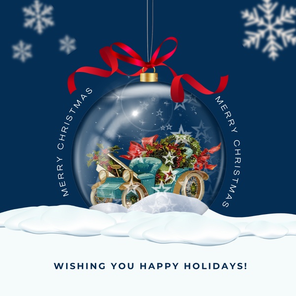 This creative features a classic toy car displayed inside a glass holiday ornament, resting on snow against a deep blue background with snowflakes.