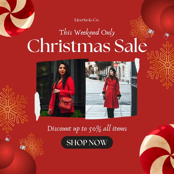 A seasonal retail promotion featuring high-contrast red themes and holiday imagery to highlight a 50% discount on clothing items.