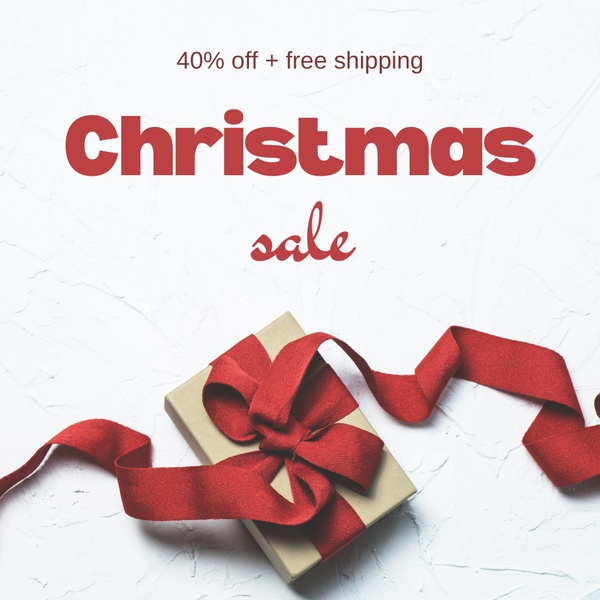 A clean, high-contrast promotional graphic featuring a neatly tied gift box on a textured white background to announce a holiday discount.