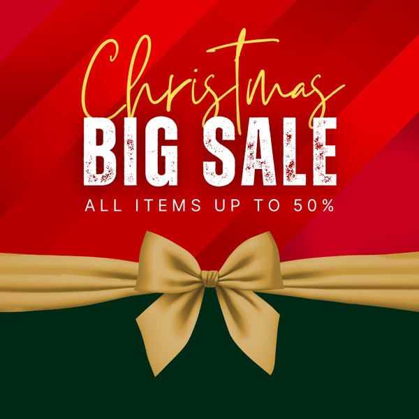 A festive, high-contrast promotional ad featuring a prominent Christmas gift bow and bold sale messaging for seasonal shopping.