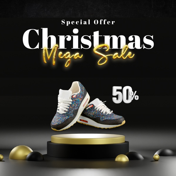 A high-end product display showcasing a running shoe on a minimalist pedestal with holiday-themed gold accents and a 50% discount call-out.