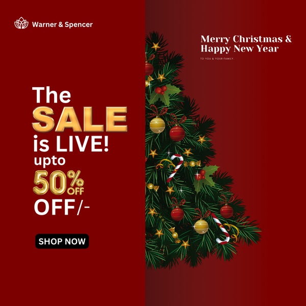 A high-contrast holiday sale graphic featuring a stylized Christmas tree, festive red and gold color scheme, and a clear call to action.