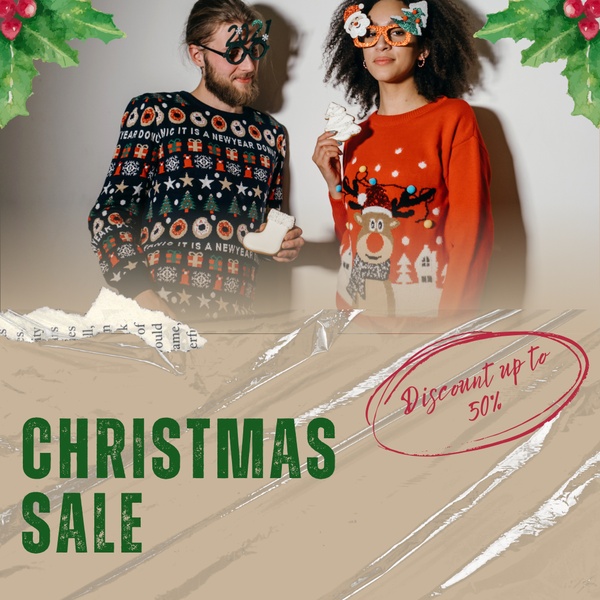 A festive 1:1 social ad featuring two models wearing holiday-themed sweaters, using a torn-paper effect to highlight a 50% discount.
