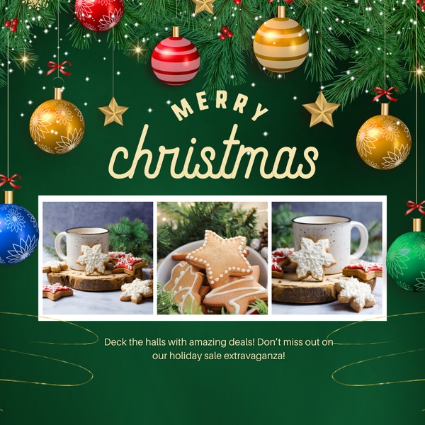 A festive 1:1 square ad creative featuring holiday-themed sugar cookies, warm lighting, and a clear promotional offer for Christmas sales.