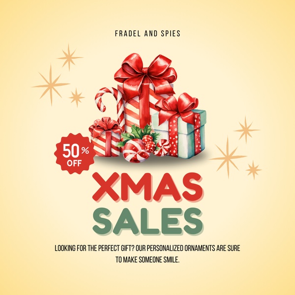 A festive promotional graphic for personalized ornaments featuring a 50% off discount badge and holiday-themed illustrations.