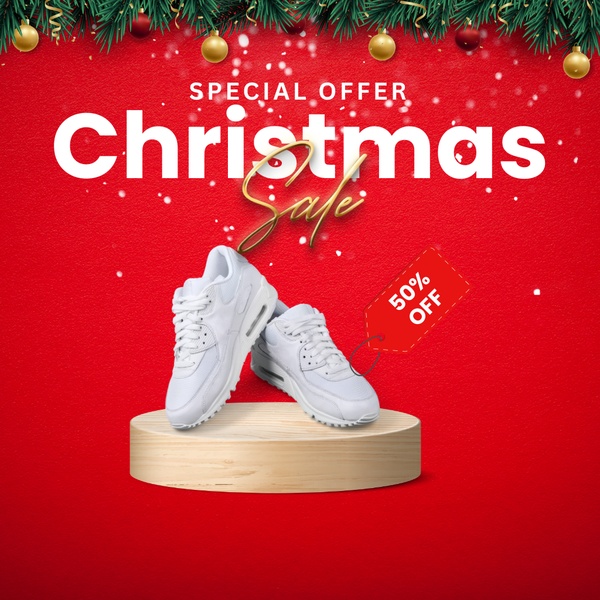A festive, high-contrast ad creative showcasing white running shoes on a wooden pedestal with holiday decorations.
