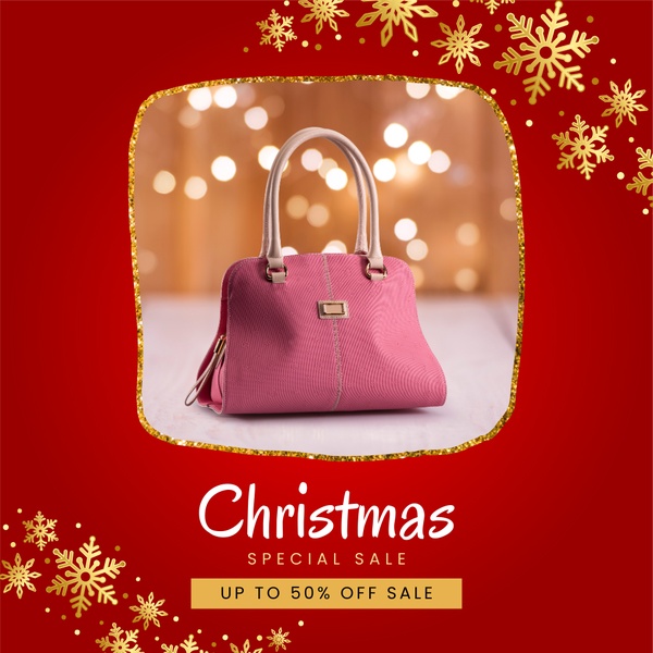 A seasonal promotion creative featuring a pink handbag centered within a gold-bordered frame against a deep red background with snowflake accents.