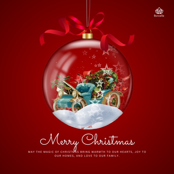A Christmas ornament frame featuring a miniature toy car inside a glass bauble with seasonal text.