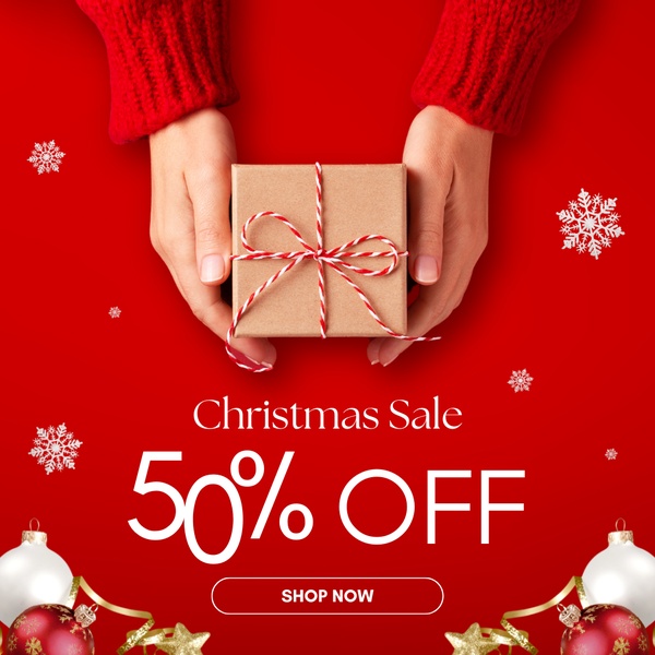 A high-contrast, festive social media advertisement featuring a customer holding a gift box, emphasizing a 50% discount for holiday shoppers.