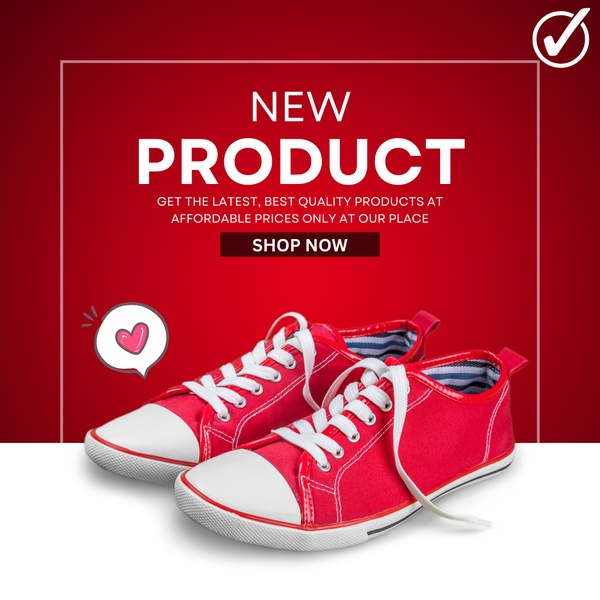 A clean product-led ad featuring a pair of sneakers centered on a deep red background with a clear call-to-action.