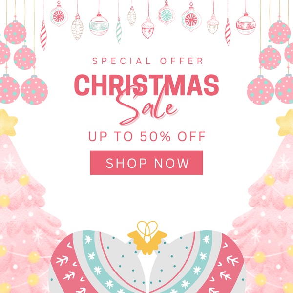 A festive, holiday-themed promotional graphic for a Christmas sale, featuring seasonal ornaments and pink-toned Christmas trees.