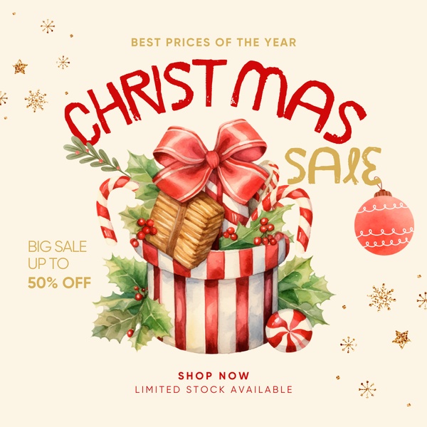 A festive watercolor-style illustration showcasing a gift box filled with holiday items to promote a seasonal sale event.