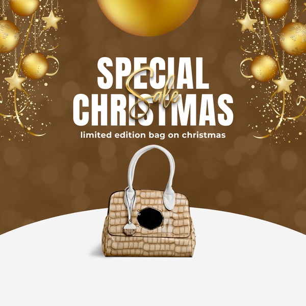 A festive, gold-toned advertisement featuring a high-end handbag as the centerpiece, utilizing Christmas ornaments to frame the promotional messaging.