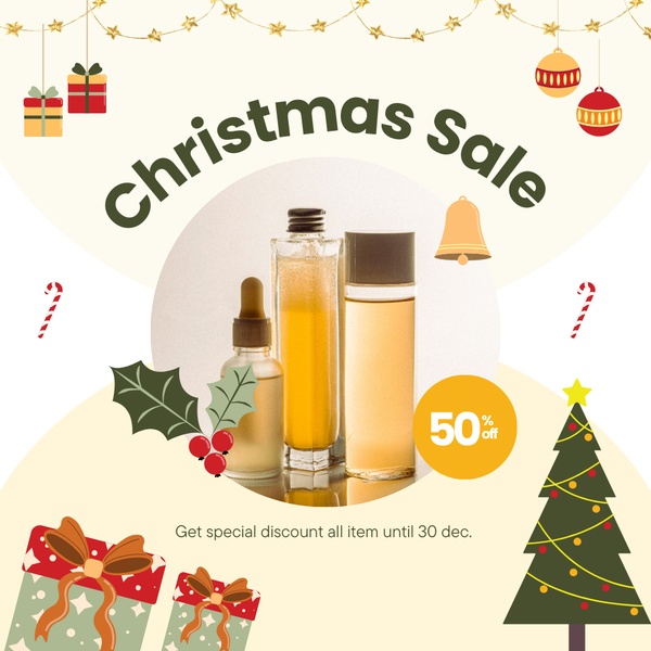 skincare set, beauty products, cosmetic bottles, serum collection, skincare kit, sale promotion, minimalist, warm, playful, neutral, gold, green, christmas