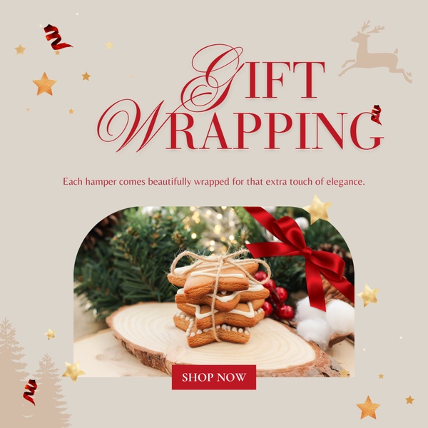 A festive product showcase featuring star-shaped cookies arranged on a wooden base with holiday-themed gift wrapping.