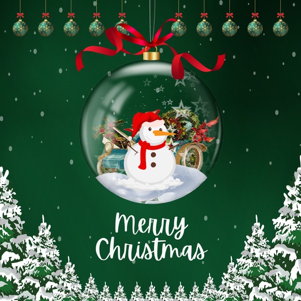 A digital illustration featuring a smiling snowman inside a transparent glass ornament, decorated with winter accents and a Merry Christmas message.