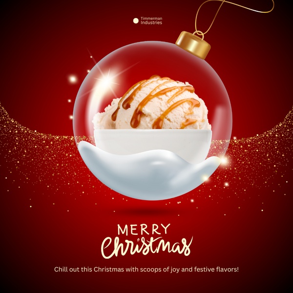 A high-contrast, festive creative showing a scoop of ice cream inside a Christmas ornament, using rich red tones and golden glitter effects to evoke holiday joy.