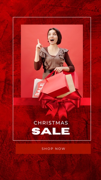 A high-energy, vertical holiday ad featuring a shopper with gift bags and a clear sale call-to-action.