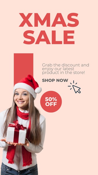 A vertical-format seasonal promotion featuring a model in festive attire holding a gift box to drive holiday conversions.