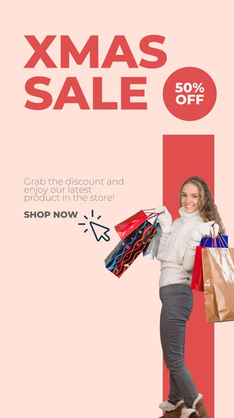 A festive promotional creative featuring a customer with shopping bags, highlighting a 50% discount for holiday sales.
