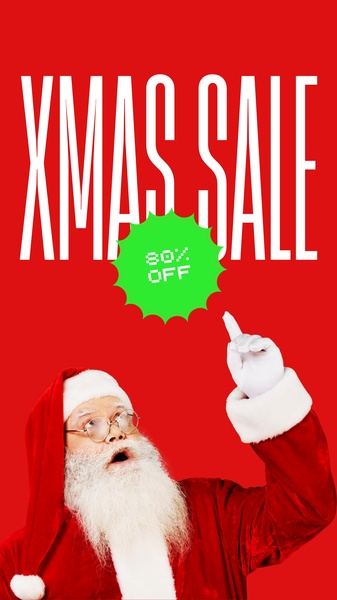 A high-impact 9:16 mobile ad using a festive red background, a Santa Claus character, and a prominent green star burst to announce an 80% discount.