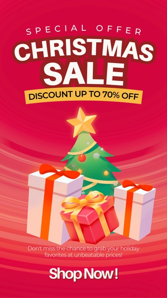 A vertical festive ad creative featuring a decorated Christmas tree and wrapped gift boxes, designed to highlight a 70% holiday discount.