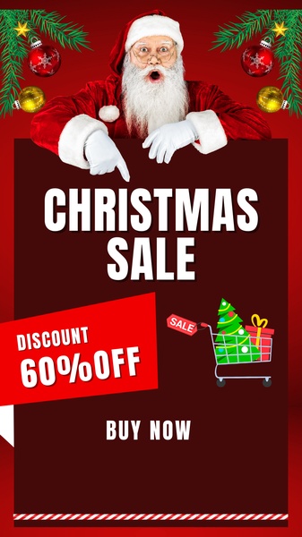 A festive vertical ad featuring Santa Claus pointing down to a bold 60% off discount and a holiday-themed shopping cart graphic.