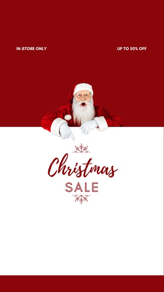 A high-contrast vertical ad featuring Santa Claus pointing towards a Christmas Sale announcement with a bold red background.