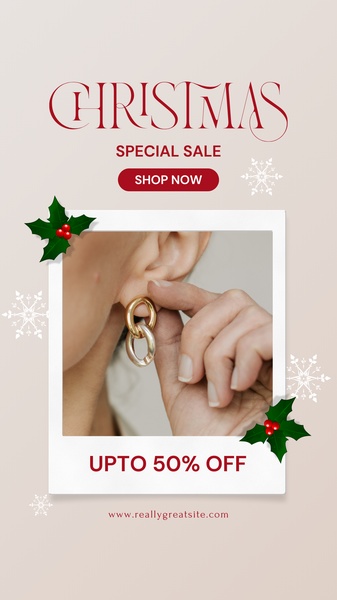 A festive, minimalist 9:16 vertical sale creative featuring a close-up of earrings with holly accents and seasonal snowflake icons.