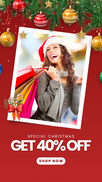 A festive promotional creative featuring a smiling customer with shopping bags, accented by holiday garland and seasonal ornaments.