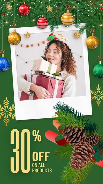 A vertically-formatted holiday gift sale ad featuring a warm, joyful person surrounded by seasonal decor, with a bold 30% off offer.