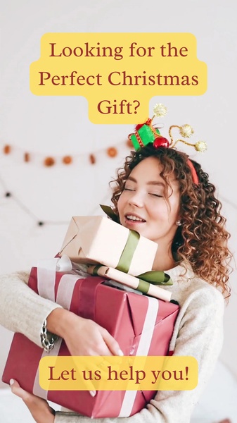 A woman holding a stack of wrapped gift boxes with festive Christmas-themed headwear, creating a warm and inviting seasonal gift-giving atmosphere.