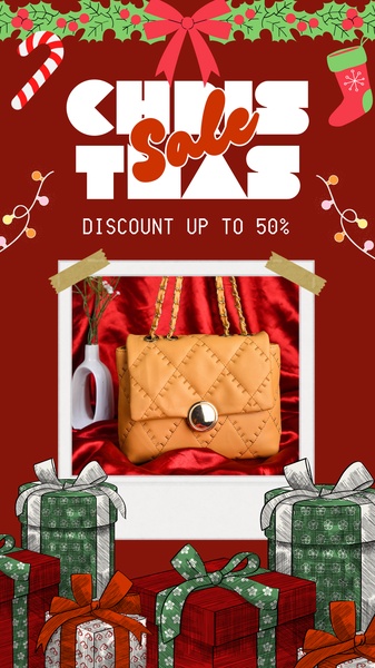 A festive promotional creative featuring a stylish handbag inside a photo frame, surrounded by Christmas gifts, bows, and holiday-themed decorations.