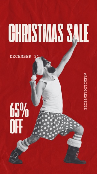 A high-energy, monochrome-style Christmas sale advertisement featuring a festive character against a bold red background.