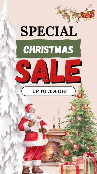 A festive vertical ad featuring a traditional Santa Claus, Christmas tree, and snowy forest backdrop to highlight holiday discounts.