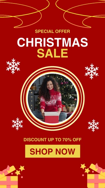A festive, high-contrast Christmas sale creative featuring a seasonal red and gold color palette, promoting a 70% discount.