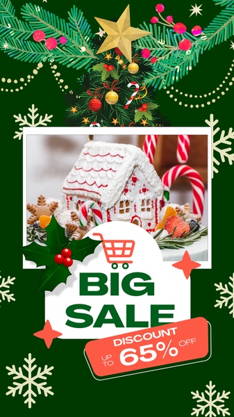 A festive vertical social media ad featuring a gingerbread house with a clear discount offer for the holiday season.