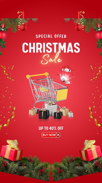 A festive vertical ad featuring a shopping cart filled with wrapped gifts against a vibrant red background to promote a holiday sale.