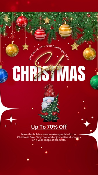 A vertical 9:16 holiday-themed ad featuring a decorative Christmas ornament and festive sale messaging.