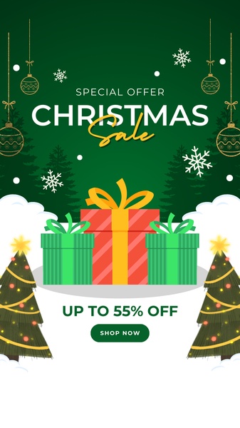 This vertical graphic uses a festive, holiday-themed aesthetic to promote a seasonal sale on gifts with a bold percentage-off discount.