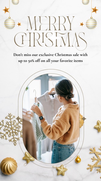 A seasonal retail promotion featuring a lifestyle image of a shopper, overlaid with festive holiday graphics and sale discount messaging.