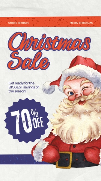 A portrait-oriented holiday-themed promotional graphic featuring a watercolor Santa Claus illustration and a bold 70% off discount incentive.