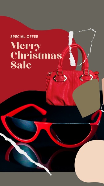 A festive 9:16 holiday-themed ad featuring a handbag and sunglasses, utilizing paper-tear visual elements and high-contrast red and charcoal tones.