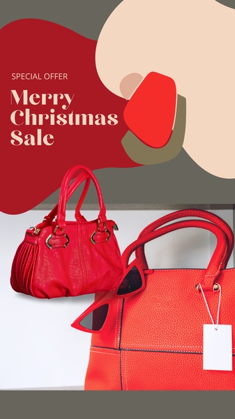 This ad creative uses a bold, festive color palette with high-contrast imagery to highlight a holiday handbag sale.