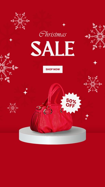 A festive, holiday-themed promotional graphic for a handbag featuring a high-contrast red background with snowflake accents and a clear 50% off discount badge.